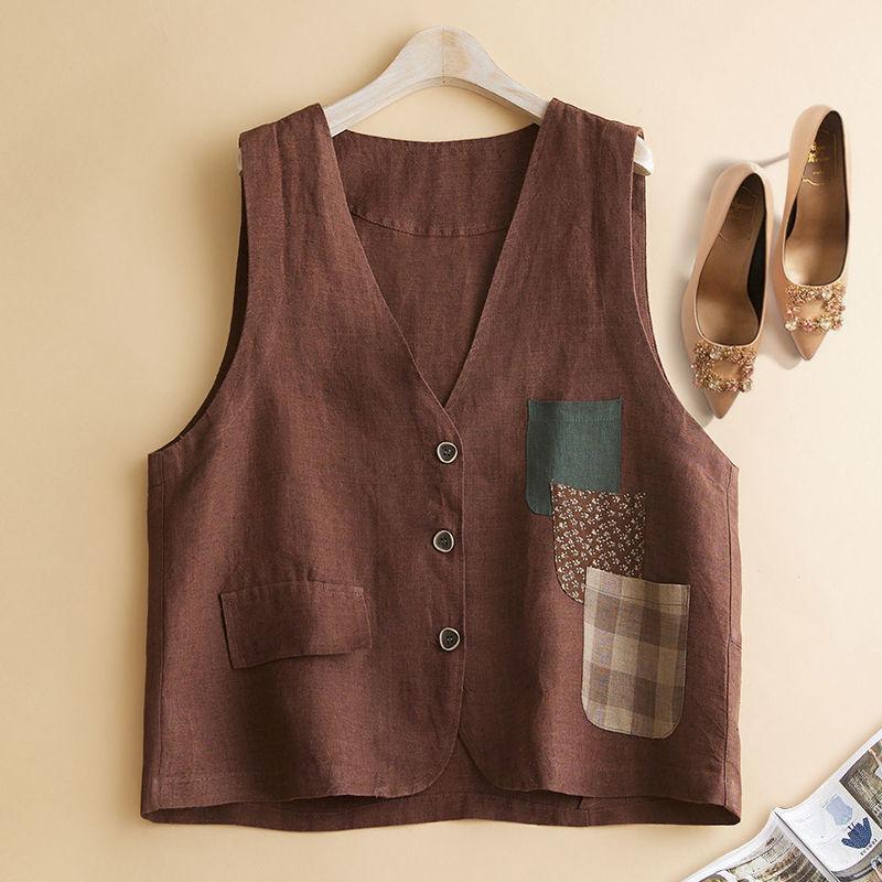 Gilet d'été à trois poches en coton et lin pour femme