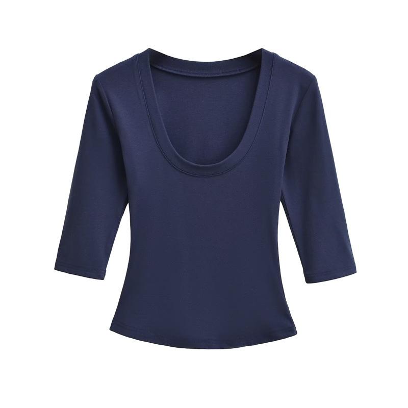 Women's Spicy Girl Deep U-Neck Sexy T-Shirt: Summer Slim-Fit, Elastic Mid-Sleeve, Pure Desire Top