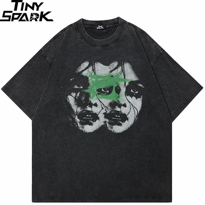 Hip Hop Retro Washed Black TShirt Streetwear Vintage Graphic Double Faces T Shirt Cotton Unisex Tshirt Men Tops Tees Dope