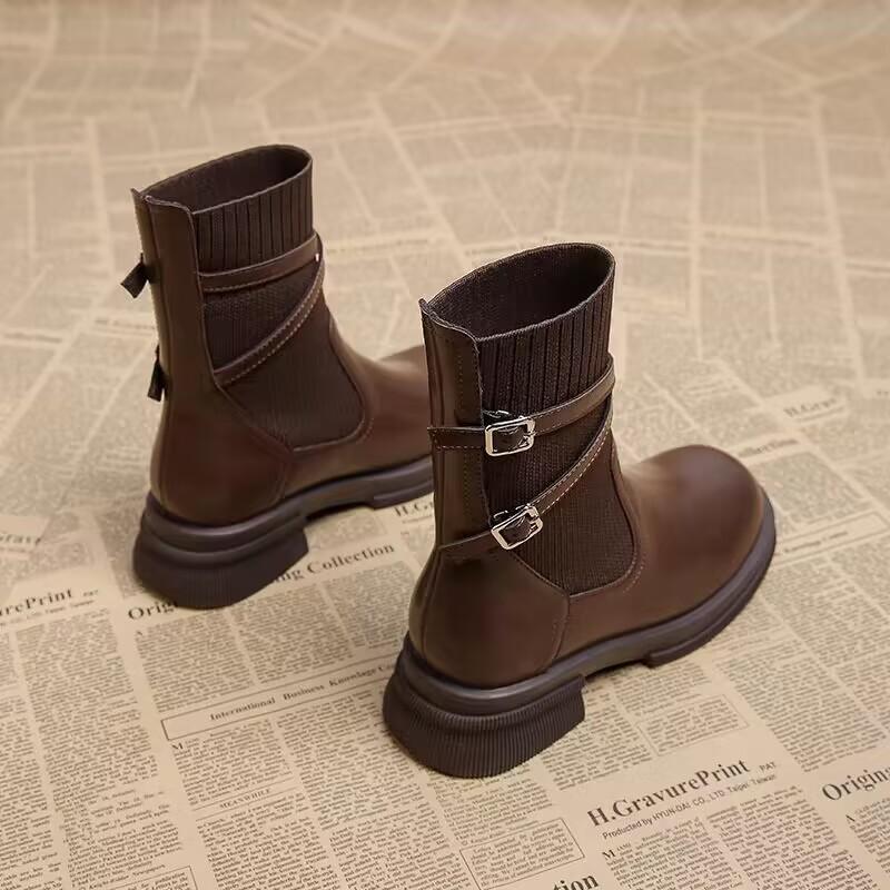 Thick Soled Martin Boots for Women 2024 New Autumn Brown Boots Women's Socks Boots Slim Boots British Style and Western-style Short Boots