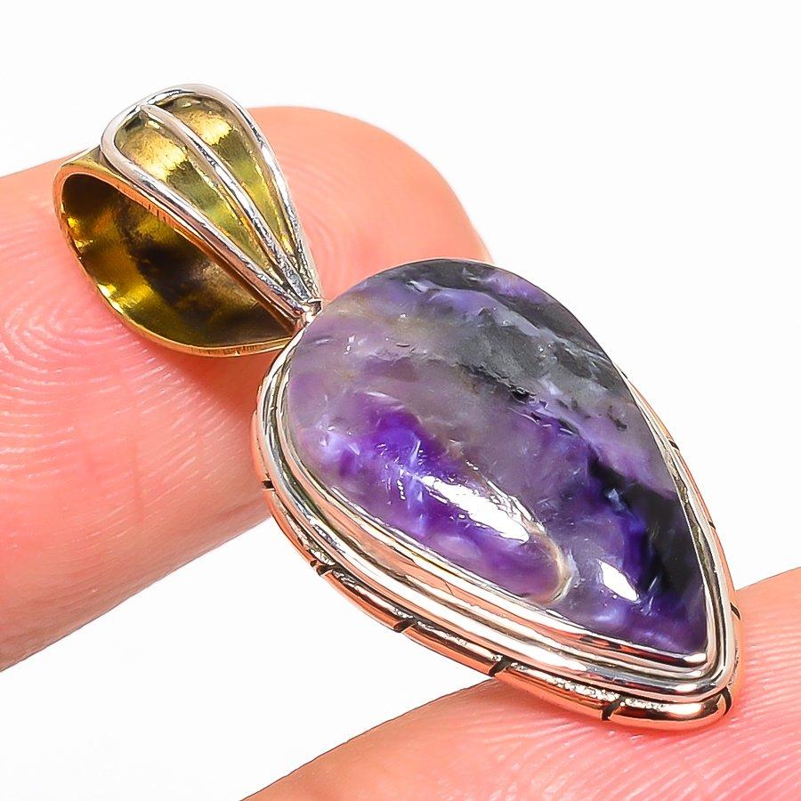 Natürlicher Charoit Edelstein Zweifarbig 925 Massiv Sterling Silber Anhänger 1.40" t4h38