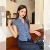 American retro plaid short-sleeved shirt women's summer new pocket waist summer design slim 