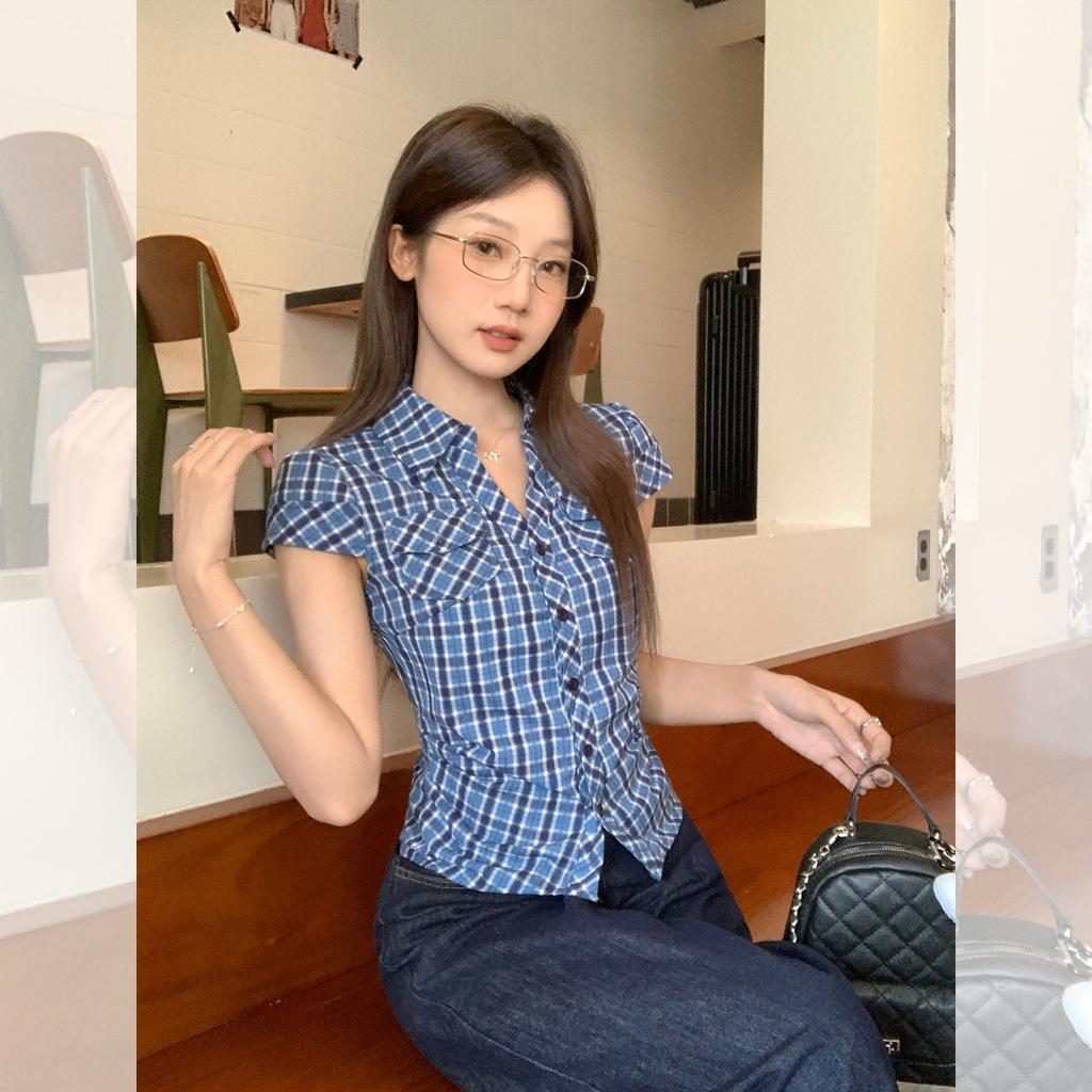 American retro plaid short-sleeved shirt women's summer new pocket waist summer design slim