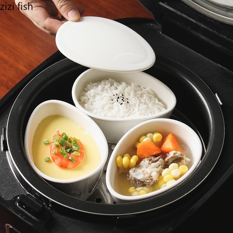 White Ceramic Steaming Bowl with Cover Steamed Egg Bowl Dessert Bowls Dining Plate Stewed Bowls Fruit Plate Dim Sum Dish Tray