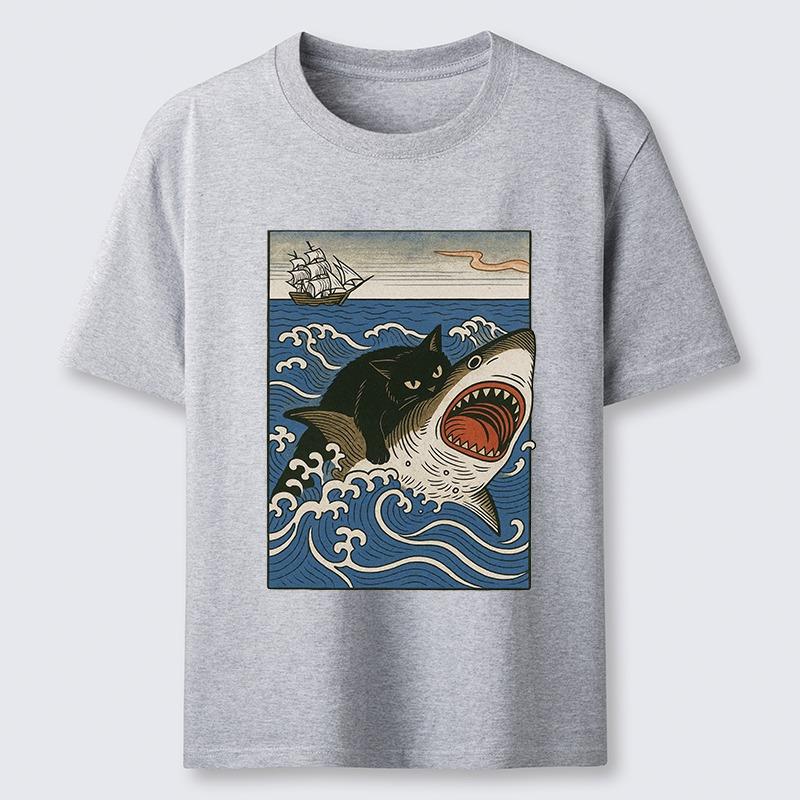Cat Hunting Shark Classic T-Shirt Fashion Short Sleeve O-neck Pure Cotton Tees Men's Sports Harajuku Chic Tunics Oversize