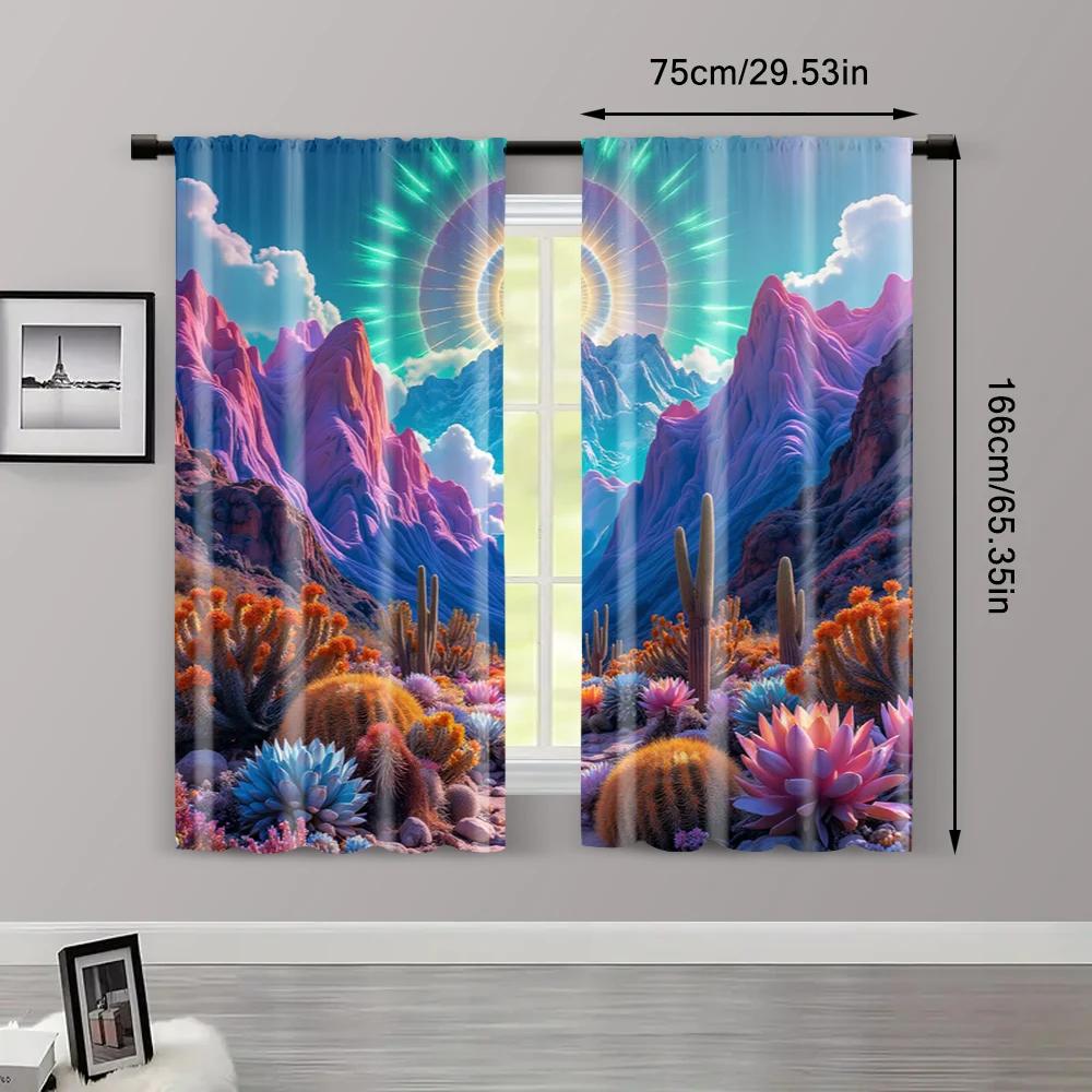 2pcs   Window Curtain  print Psychedelic Mountain Durable 100% Polyester Fabric (without rod) Holiday Use for Bedroom   Living