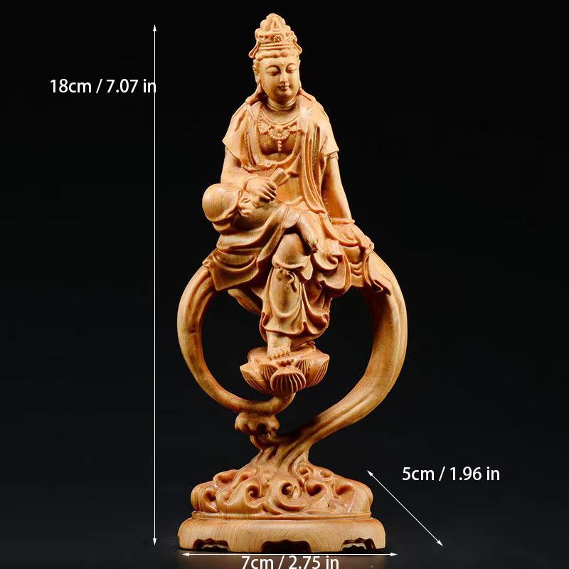 Wooden Guanyin Buddha Bodhisattva Statue Hand-Carved , Buddhism Figure  Home Room Office Feng Shui Statue 7.07 in