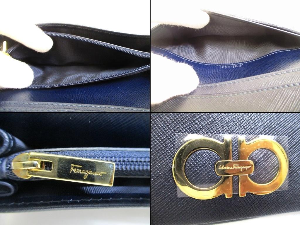 Authentic Salvatore Ferragamo Gancini Navy Blue Leather Gold H/W Flap Long Wallet #b230 Open box