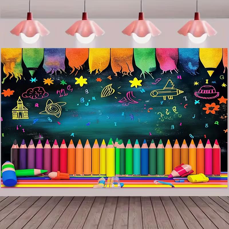 2D Colorful Crayon Blackboard Photography Backdrop, Children Art Class Background