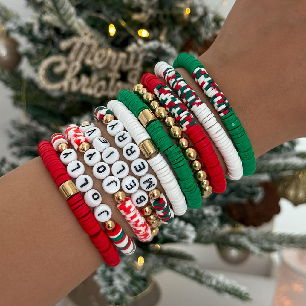 Christmas Contrasting Soft Pottery Letter Elastic Bracelet, Creative Festive Colored Beaded Hand Jewelry
