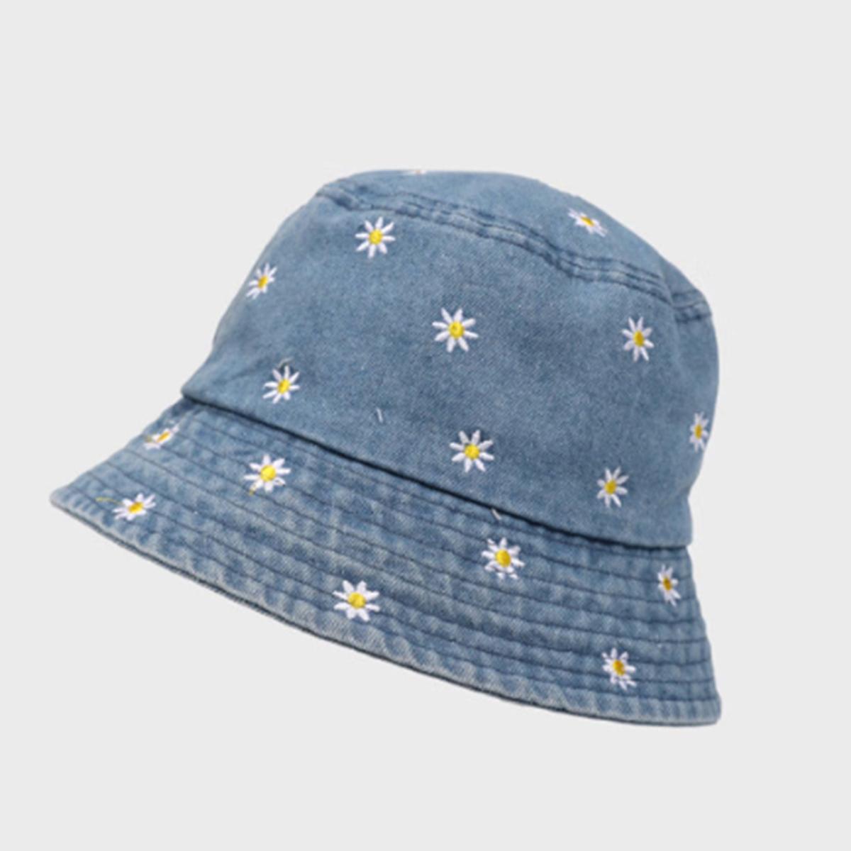 

Face-Slimming Denim Outdoor Fisherman Hat for Women 2026 New Summer Large Head Circumference Sun Hat Uv Protection Autumn Embroidered Small Flowers светло-синий