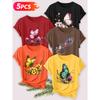 2026 5 Pack Women Short Sleeve T Shirts Clover Butterfly Gradient Blue Butterfly Lavender Realistic Floral Print Elegant Daily Tops