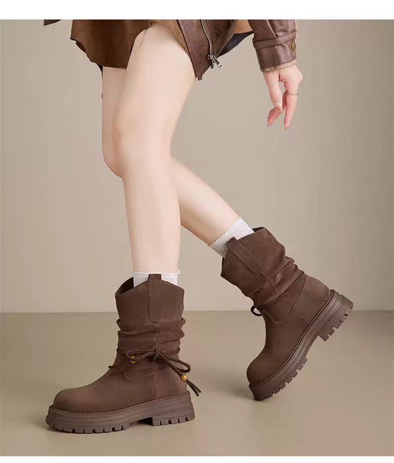 

Retro medium tube Martin boots female elegance temperament pleated stacking boots autumn new thick heel thick sole thin boots 40 хаки