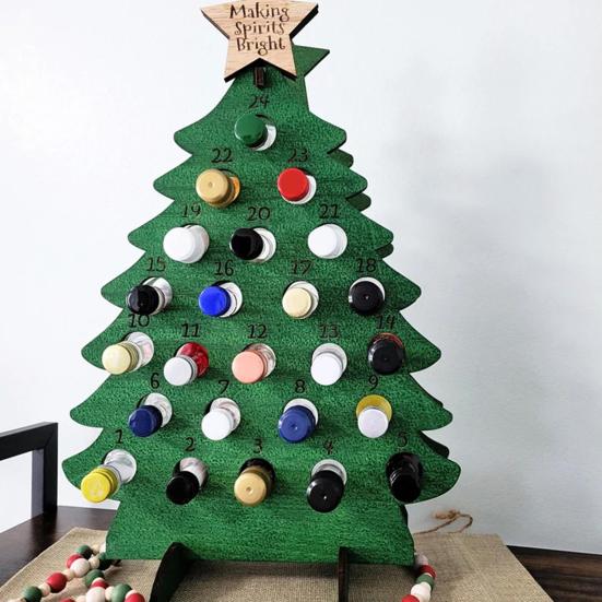 Yousheng Wooden Christmas Tree Wine Rack 24 Days Advent Calendar Wine Bottle Holder Adult Christmas Tree Countdown Decoration for Countertop Bar Decor