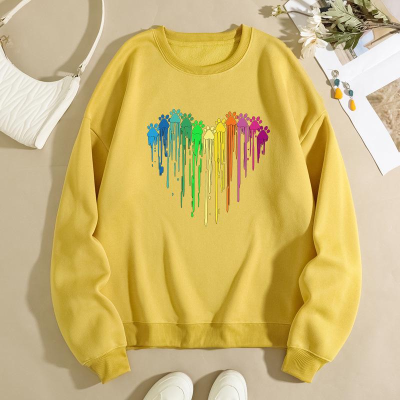 European and American Women's Colorful Heart Shape Loose Hoodie - Plus Velvet, Round Neck, Long Sleeve.