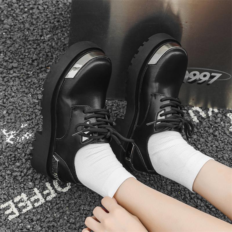 Niche design sense square head small leather shoes women's British style derby shoes thick heel lace-up retro single shoes women 5776-J