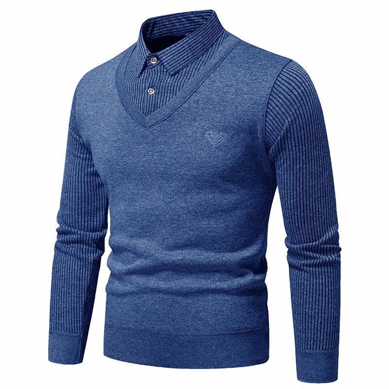 Men's Trendy Striped Two-Piece Look Pullover Sweater - Warm, Velvet-Lined Knitwear for Autumn/Winter