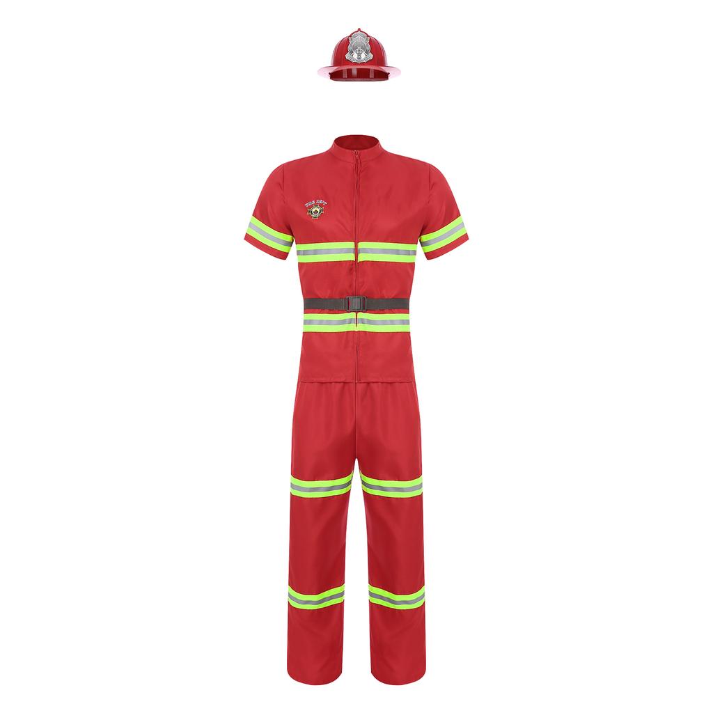 Adult Firefighter Dress Up Suit - 4-Piece Costume with Short Sleeve Jacket, Pants, Belt & Safety Helmet