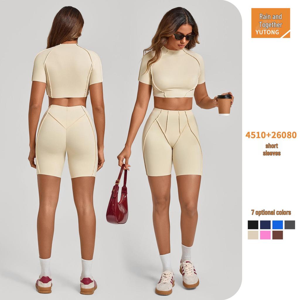 European & American 3D Patchwork Quick-Dry Yoga Set: Tight Short Sleeve & Shorts