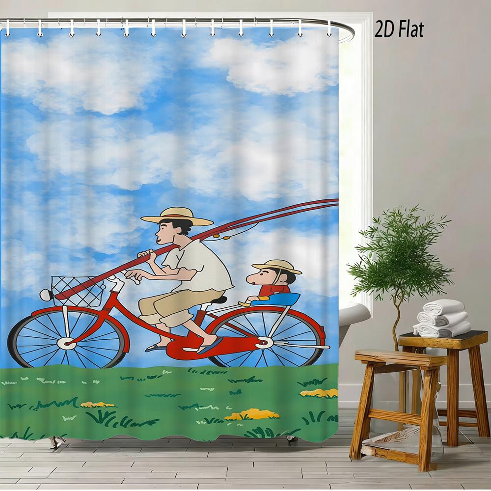 Crayon Shin-Chan The Movie Ora To Hakase No Natsuyasumi 2D Print Waterproof Shower Curtain, Blue Anime Bathroom Decor With Hooks