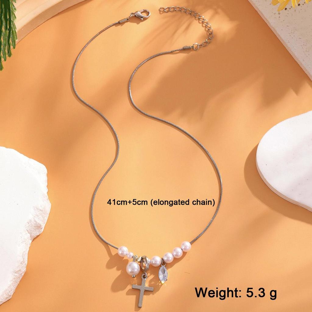 Mode Kreuz Diamant Einstellung Wassertropfen Anhänger Halskette künstliche Perle Perlen Halskette Damen Party Geschenk