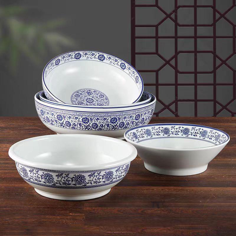 Blue & White Melamine Soup Bowl - Commercial Porcelain Imitation, Large Plastic Basin for Hotels & Restaurants