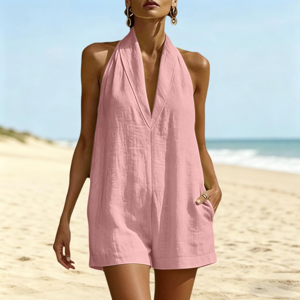 Women’s Sleeveless Neck V Neck Loose Fit Jumpsuit with Pockets Casual Solid Romper for Summer