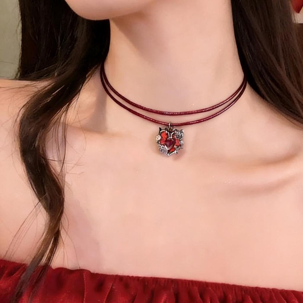 Wine Red Velvet Choker with Heart and Cross Pendant Necklace for Women