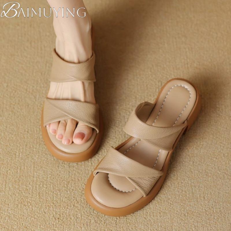Fashion Women Slippers Heeled Sandals Platform Casual Shoes Woman Loafers 2025 Brand Elegant Dress Summer Chunky Soft Leather Slides