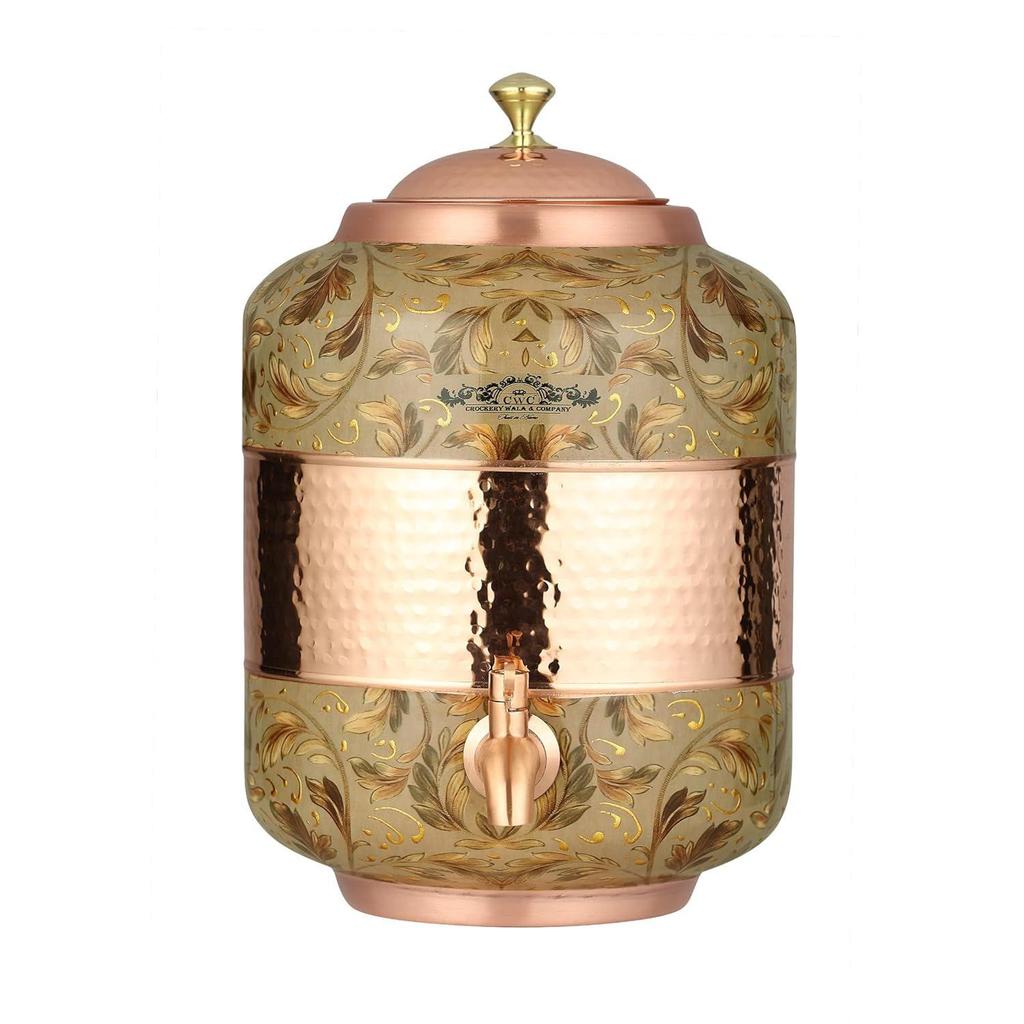 Copper Water Dispenser, Decorative Damask Pattern, Leak-Proof Tap, Heavy Weight (Gold, 18 Litres)