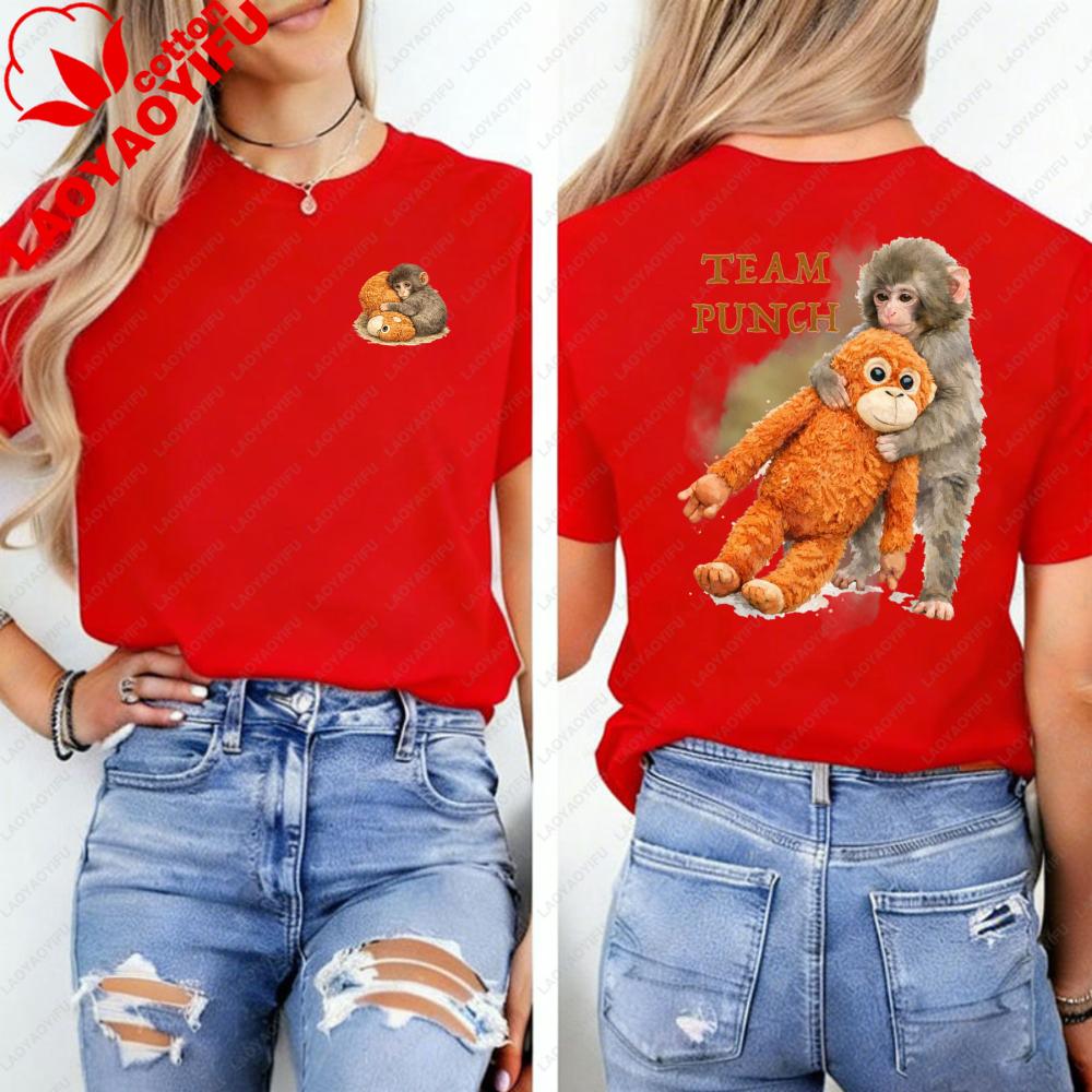 Team Double Sided Tshirt Mini Cute Monkey Hugging Plush Front Team Graphic Punch Animal Shirt Whimsical Casual Streetwear Tops