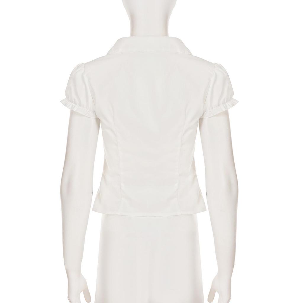 American Style Lapel Waist-Cinched Pleated Short-Sleeve Cardigan Shirt