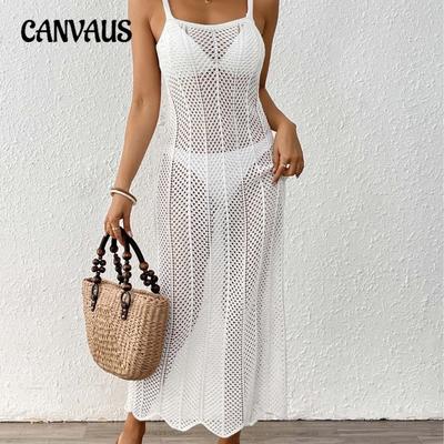 Damen Strand Gewebt Hohl Sexy Slim Fit Urlaub Neckholder Langes Kleid