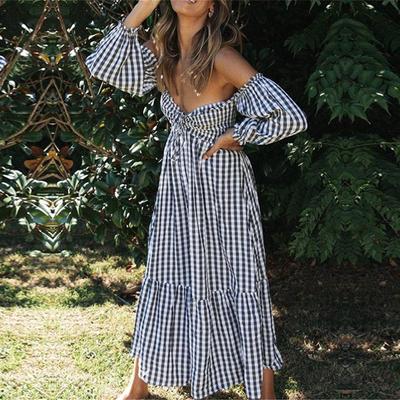 Women Summer Black White Plaid Long Dress Sexy Puff Sleeve One Line Collar Stapless High Waist S-XL