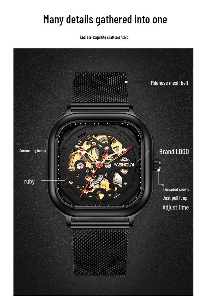 Marken Herren Quadratisch Skelett Mechanisch Wasserdicht Stahlarmband Uhr - Douyin Internetberühmtheit Bestseller