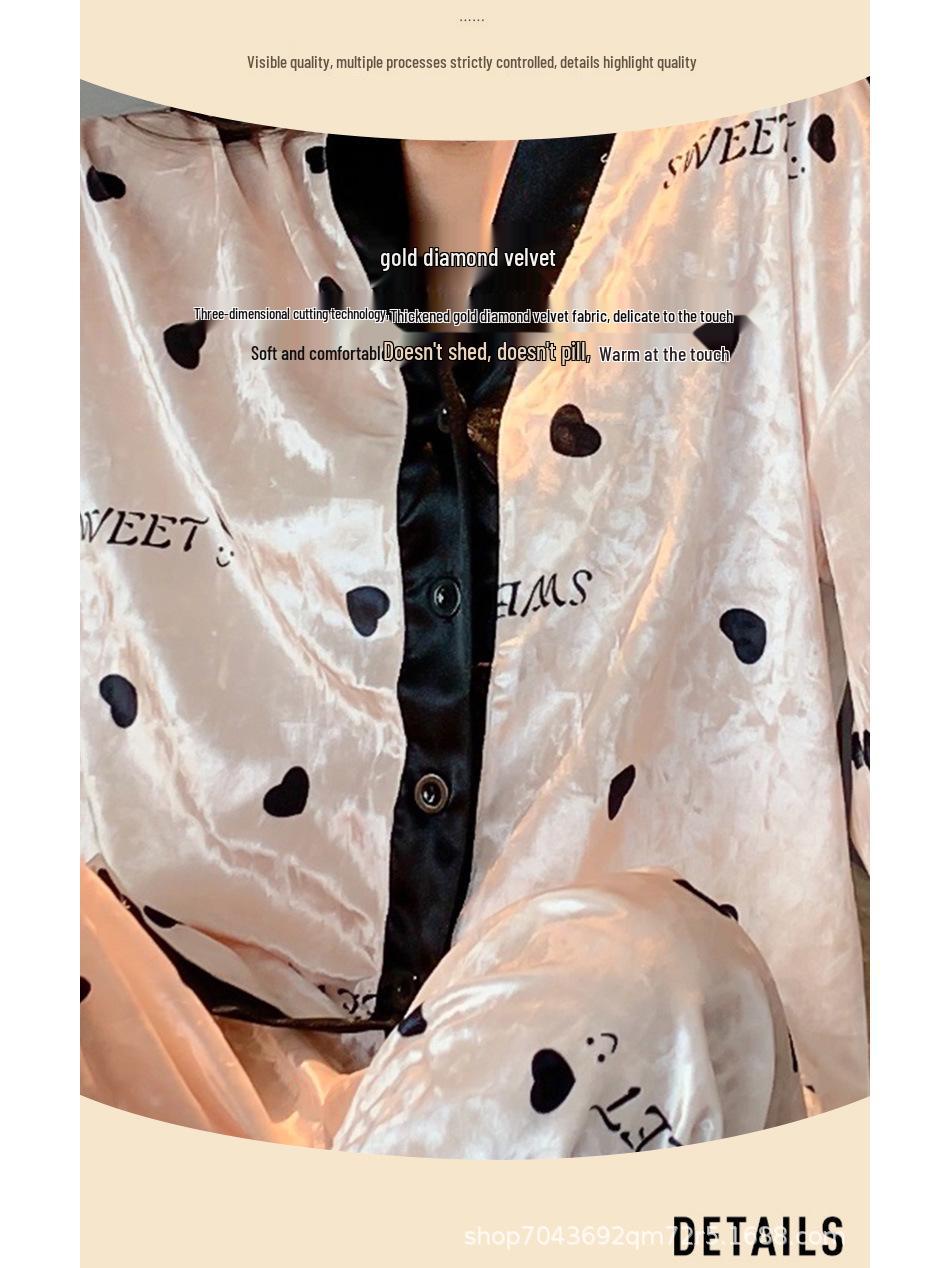 

Женский пижамный комплект из золотого велюра - Милый V-образный вырез, Длинный рукав для осени и весны 2025, Модный зимний стиль для дома и улицы L [50-60 kg]