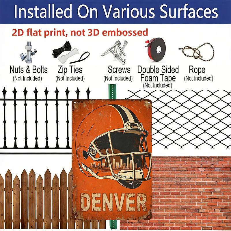 2D Flat Denver Football Helmet City Skyline Metal Sign Sports Wall Decor Durable Aluminum Material Man Cave, Sports Bar, Football Fan Room, Living