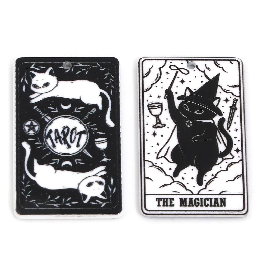 5PCs Black White Acrylic Tarot Pendants Rectangle Cat Double-sided Charms For DIY Earrings Necklace Jewelry Making 3.8cm X 2.3cm