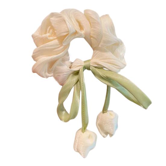 Hair Tie Breathable Chiffon Organza Fabric High Elasticity Tulip Flower Design Hair Rope with Ribbon Streamers Ponytail Bun Hair Accessories