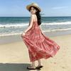 French Luxury Vacation Style Camisole Dress for Teenagers, Bohemian Floral Beach Casual Long Dress