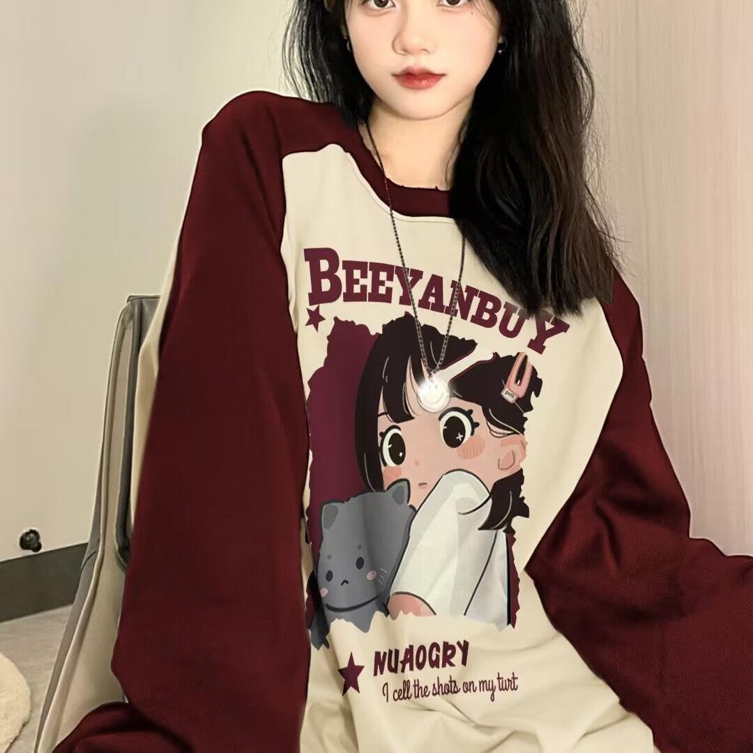 

VAYLA Cotton Raglan Long Sleeve T-shirt Women s Spring Loose Oversize Ins Fashion Brand Cartoon Print Shoulder Contrast Tshirts Top XXL чорний