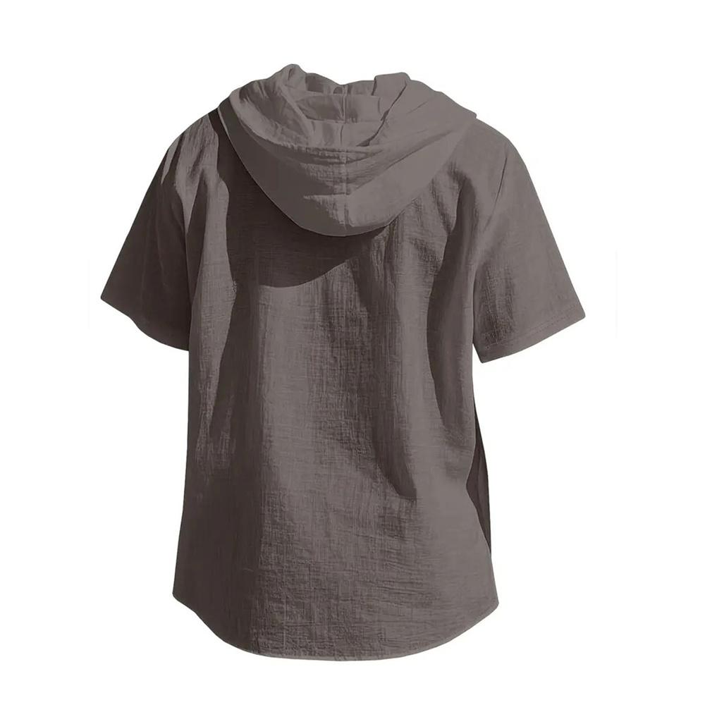 Summer Cotton Linen Shirt for Men Hooded Short Sleeve Solid Color Breathable Lightweight Drawstring Design Shirts Casual Basic Tees