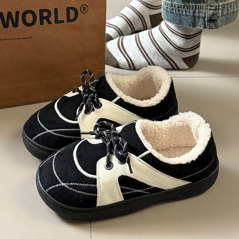 Set of 2 Women's Retro Dexun Cotton Slippers - Autumn/Winter, Lace-Up, Non-Slip, Thick-Soled, Warm & Cozy.