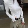 Women's White High-Neck Velvet Long Sleeve T-Shirt with Padded Shoulders - Slim Fit for Autumn/Winter 2025
