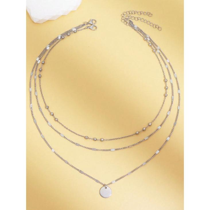 Triple Layer Gold Necklace Beaded Chain Hollow Disc Pendant Minimalist Stackable Necklace for Women