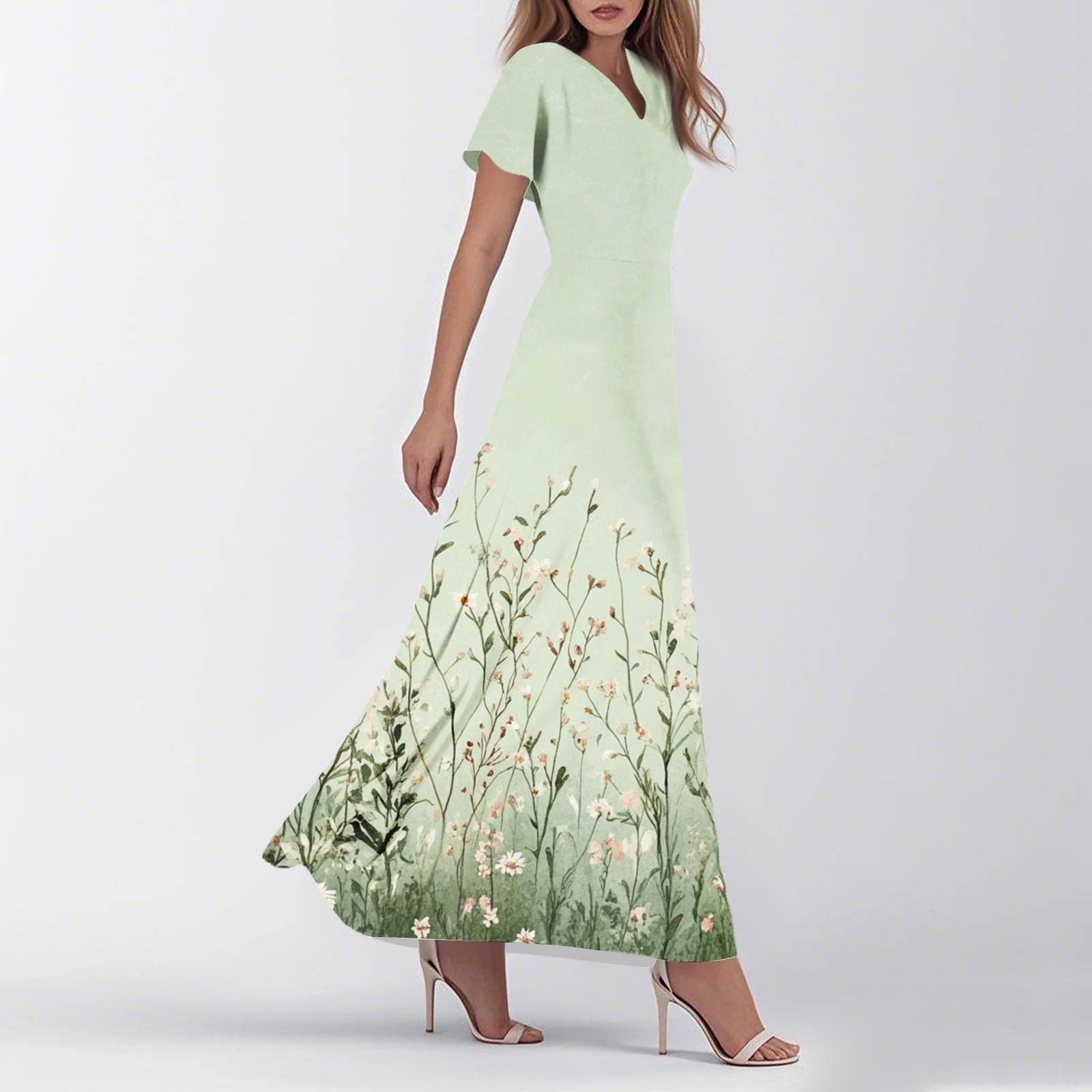 

Жіноча літня повсякденна мода ретро квіткова сукня з V-подібним вирізом та короткими рукавами M зелений
