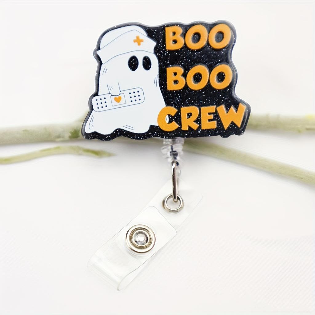 Halloween Boo Boo Crew Ghost Badge Reel, Acrylic Retractable ID Badge Holder with Swivel Clip for Nurses and Medical Staff, English Text