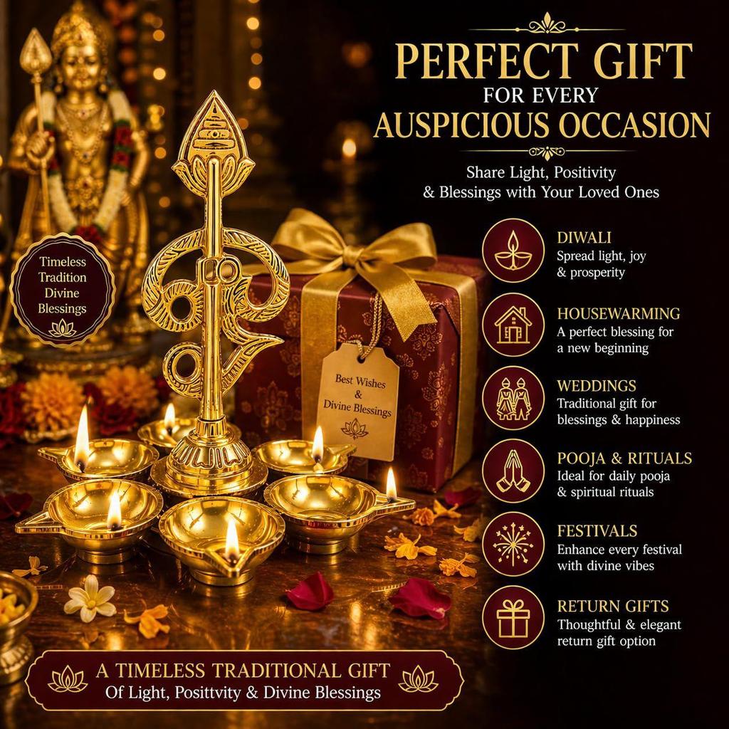 Om Arumuga Vilakku with Vel – Traditional Brass Six Face Oil Lamp for Pooja | Arumugam Vel Vilakku