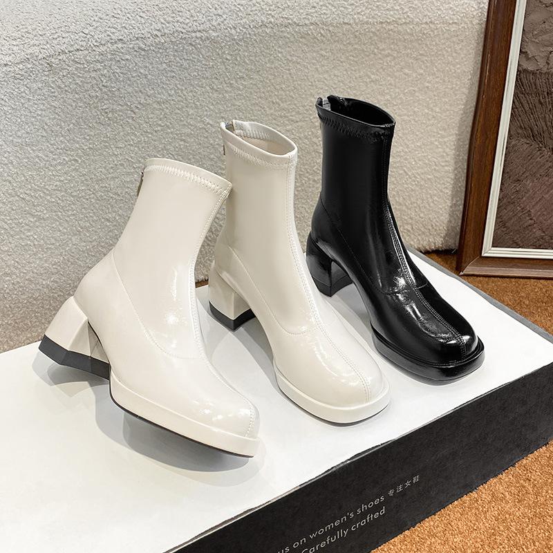 Off-white Martin boots for women's autumn and winter new sweet thick-heeled short boots, thin high-heeled boots for women