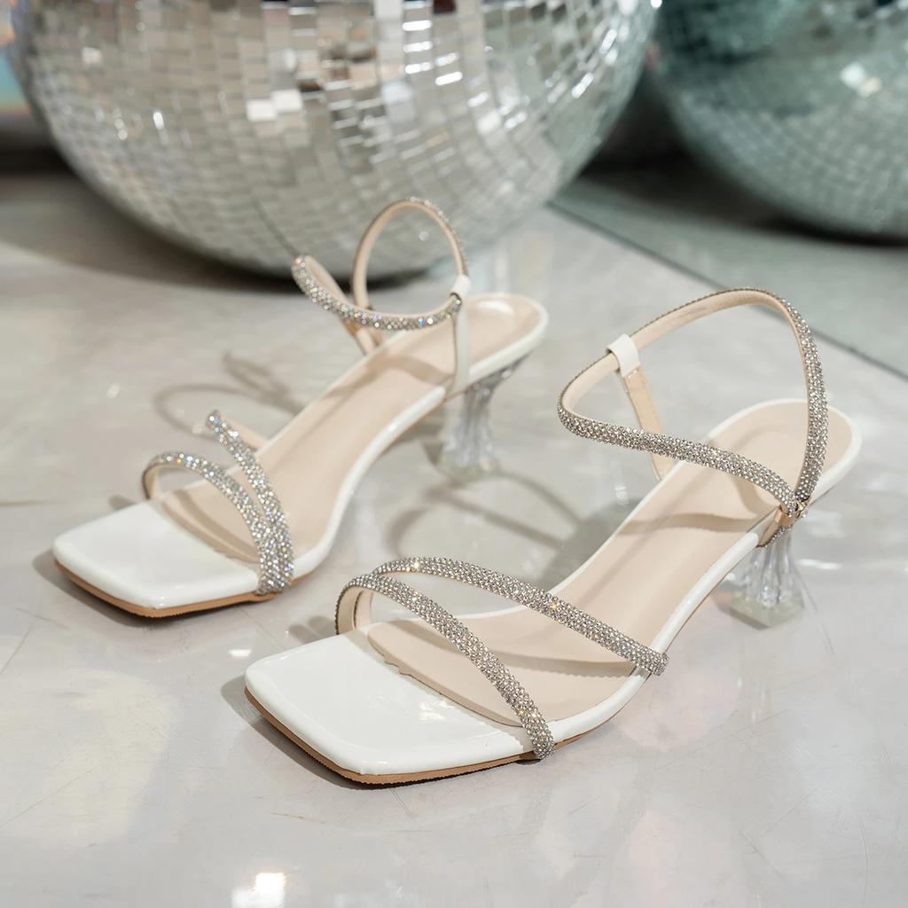 Damen Sommer Sexy Mode Zehenfrei Damen Slipper Sandalen mit Strass Glänzend Quadratisch Party Damen High Heels Große Größe